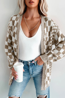 Brown Checkered Open Front Drop Shoulder Cardigan