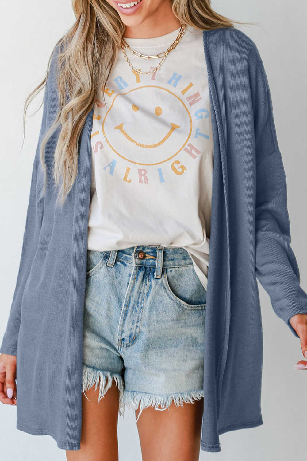 Cardigan de túnica davantera oberta de punt de costella de color sòlid Ashleigh blau