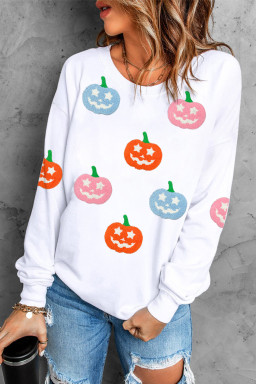 White Cute Halloween Pumpkin Sequins Patch Graphic Sweatshirt