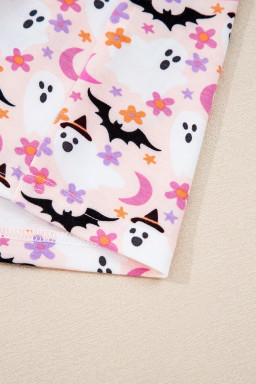 Pink Cute Floral Halloween Ghost Print Long Pajama Set