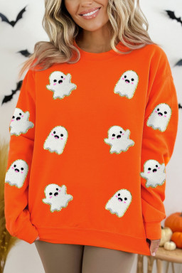 Orange Halloween Ghost Cute Patch Application Pattern Holiday Sweatshirt