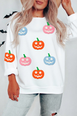 White Cute Halloween Pumpkin Sequins Patch Graphic Sweatshirt
