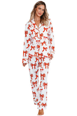 Red Christmas Bow Print Long Sleeve 2pcs Pajama Set