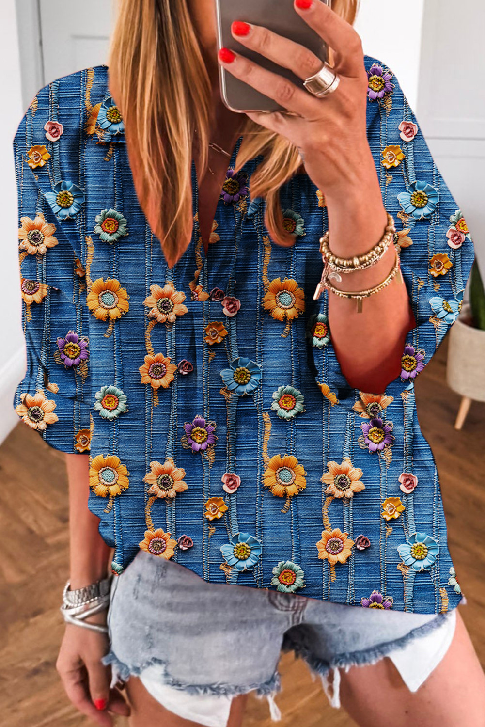 Blue Floral Patchwork Collared V Neck Blouse