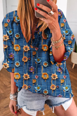 Blue Floral Patchwork Collared V Neck Blouse