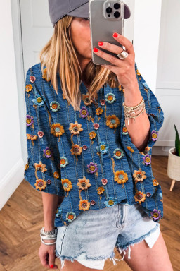 Blue Floral Patchwork Collared V Neck Blouse