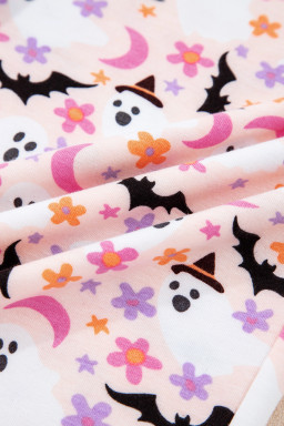 Pink Cute Floral Halloween Ghost Print Long Pajama Set