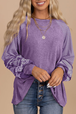 Tillandsia Purple Contrast Print Striped Raglan Long Sleeve Loose Top