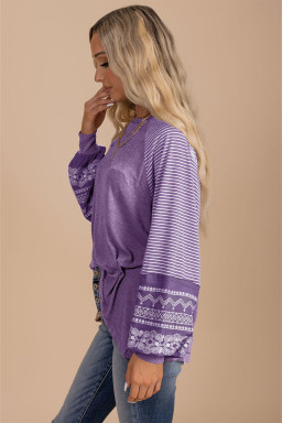 Tillandsia Purple Contrast Print Striped Raglan Long Sleeve Loose Top