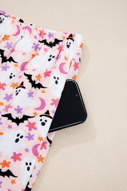 Pink Cute Floral Halloween Ghost Print Long Pajama Set