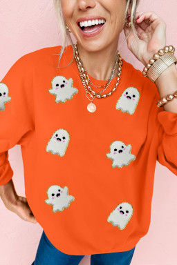 Orange Halloween Ghost Cute Patch Application Pattern Holiday Sweatshirt