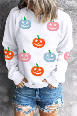 White Cute Halloween Pumpkin Sequins Patch Graphic Sweatshirt