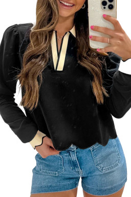 Black Scallop Trim Colorblock Long Sleeve Collared Top