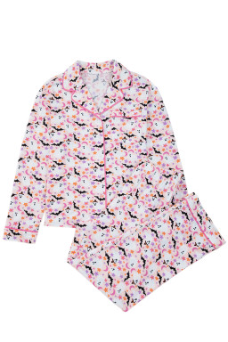 Pink Cute Floral Halloween Ghost Print Long Pajama Set