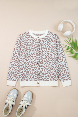 Khaki Leopard Drop Shoulder Knitted Cardigan