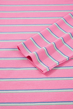 Rose Striped Textured Knit Puff Sleeve Round Neck Top