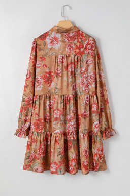 Brown Floral Print Shirt Style Long Sleeve Ruffle Mini Dress