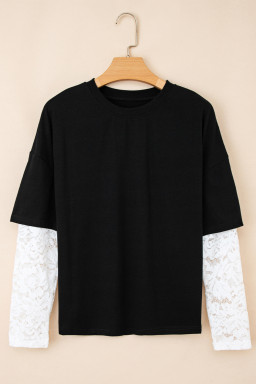 Black Fake Two-Piece Lace Long Sleeve Drop Shoulder Tee