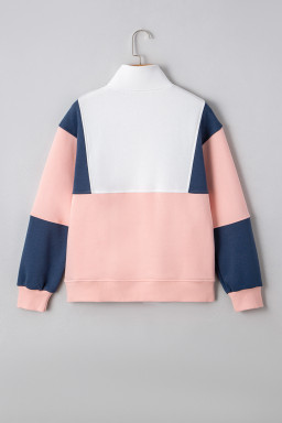 Pink Colorblock Patchwork Half Button Baggy Sweatshirt