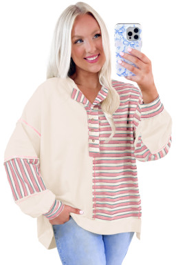 Pink Striped Patchwork Oversized Pullover Top