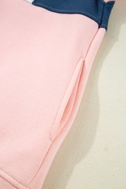 Pink Colorblock Patchwork Half Button Baggy Sweatshirt