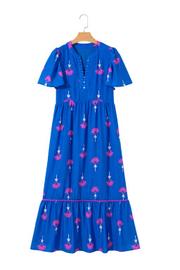 Blue Floral Print Notched Neck Flounce Sleeve Maxi Dress