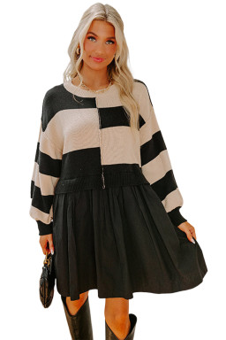 Black Stripe Two in One Knitted Top High Waist Splicing Hem Sweater Dress