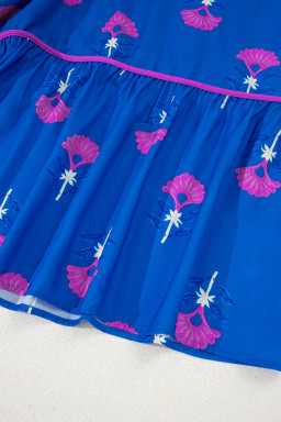 Blue Floral Print Notched Neck Flounce Sleeve Maxi Dress