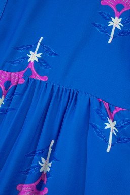 Blue Floral Print Notched Neck Flounce Sleeve Maxi Dress