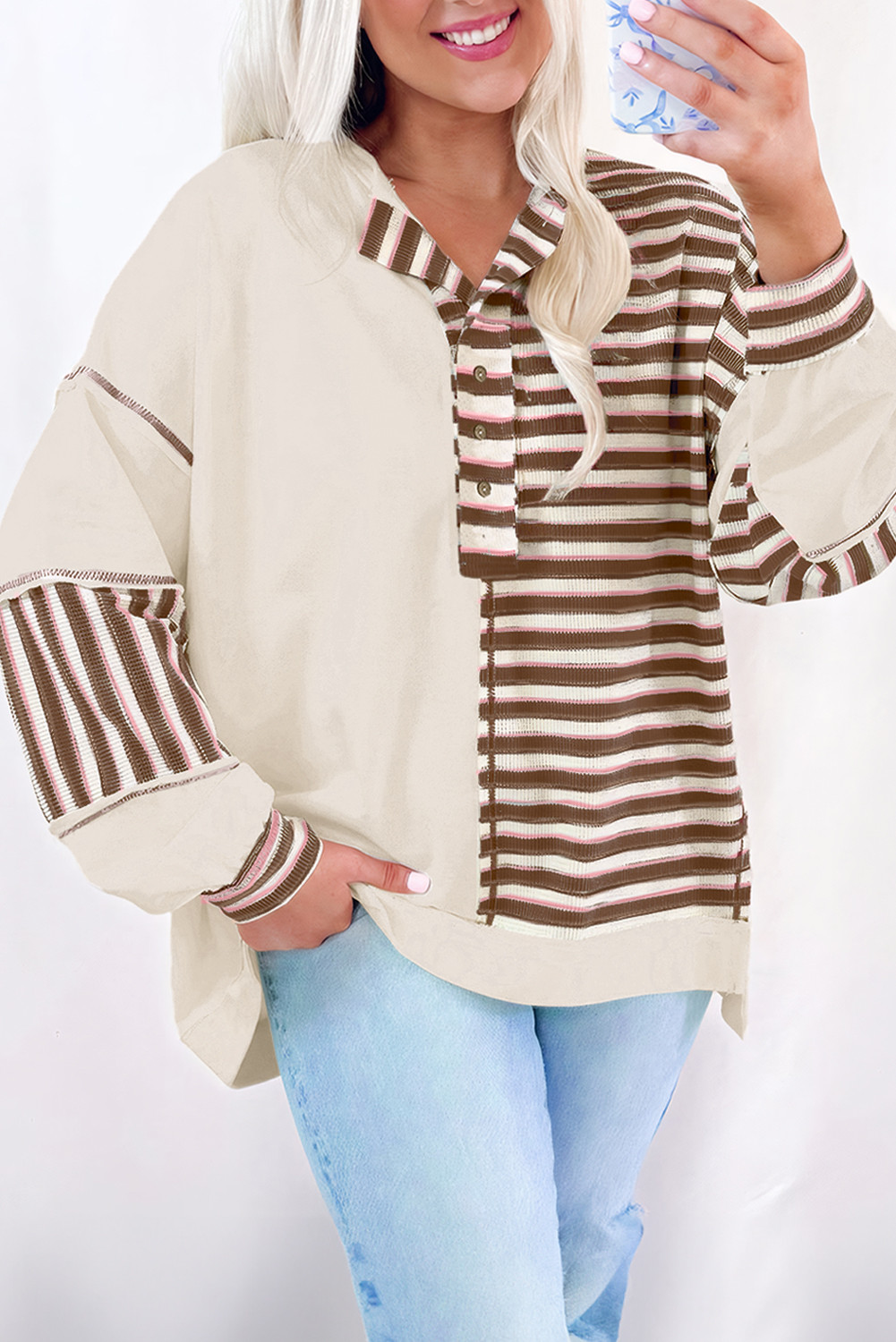 Khaki Striped Patchwork Oversized Pullover Top