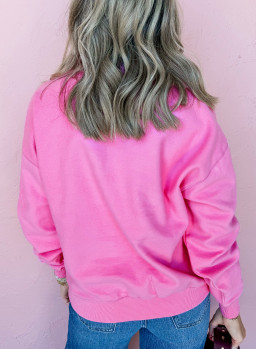 Bright Pink Half Button Collar Drop Shoulder Sweatshirt