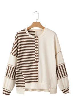 Khaki Striped Patchwork Oversized Pullover Top