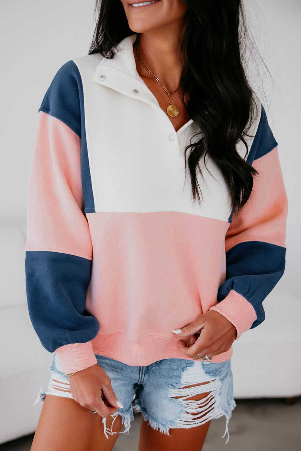Pink Colorblock Patchwork Half Button Baggy Sweatshirt