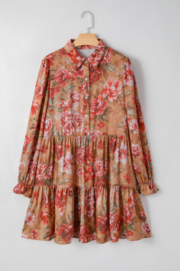 Brown Floral Print Shirt Style Long Sleeve Ruffle Mini Dress