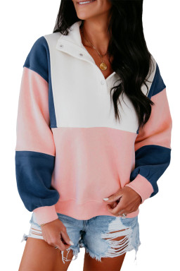 Pink Colorblock Patchwork Half Button Baggy Sweatshirt