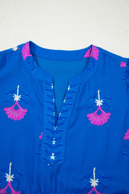 Blue Floral Print Notched Neck Flounce Sleeve Maxi Dress