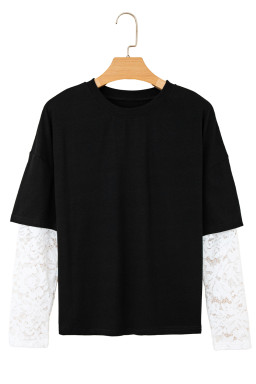 Black Fake Two-Piece Lace Long Sleeve Drop Shoulder Tee