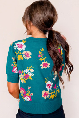 Blue Flower Pattern Short Sleeve Knit Top