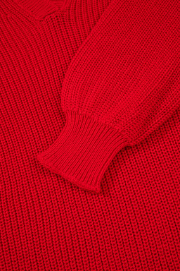 Racing Red Solid Textured Knit V Neck Drop Shoulder Sweater