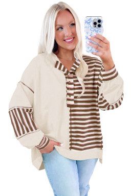 Khaki Striped Patchwork Oversized Pullover Top