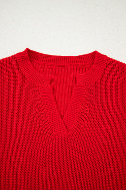 Racing Red Solid Textured Knit V Neck Drop Shoulder Sweater