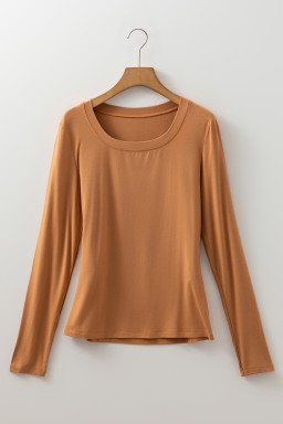 Chestnut Solid Color Long Sleeve Slim Fit Top