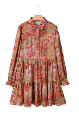 Brown Floral Print Shirt Style Long Sleeve Ruffle Mini Dress