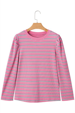 Rose Striped Textured Knit Puff Sleeve Round Neck Top