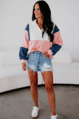 Pink Colorblock Patchwork Half Button Baggy Sweatshirt
