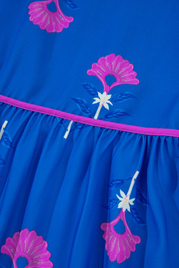 Blue Floral Print Notched Neck Flounce Sleeve Maxi Dress