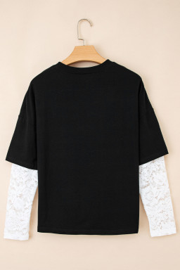 Black Fake Two-Piece Lace Long Sleeve Drop Shoulder Tee