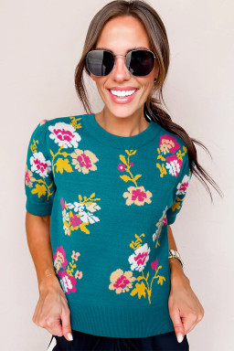 Blue Flower Pattern Short Sleeve Knit Top