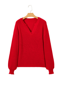 Racing Red Solid Textured Knit V Neck Drop Shoulder Sweater