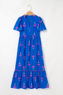 Blue Floral Print Notched Neck Flounce Sleeve Maxi Dress